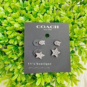 NWT Coach Signature And Pave Star Stud Earrings Set of 2 Silver C7778 RARE